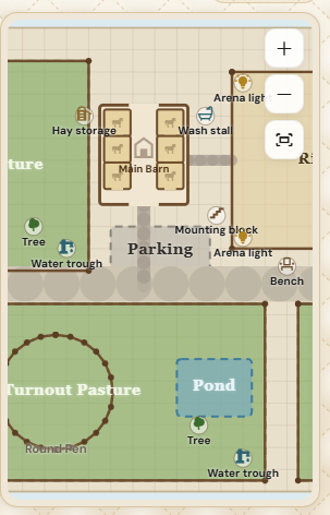 Rein Hero property map screen showing stalls and paddocks